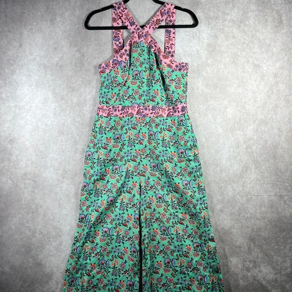 Boden Cross Over Linen Jumpsuit Womens 4 Green Pink Floral‎ Sleeveless Boho NEW - Picture 2 of 13